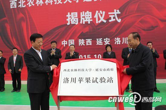 陕西副省长冯新柱与延安市人民政府市长梁宏贤共同为&ldquo;西北农林科技大学延安市政府洛川苹果试验站&rdquo;揭牌